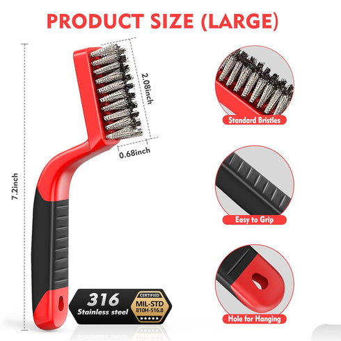 Wire Brush Set, 6-Piece - Nylon/Brass/Stainless Steel Wire Brush/Cleaning Towel with Curved Handle for Rust Removal, Stain Removal and Paint Brush Deep Cleaning - 7-Inch and 8-Inch (Red)