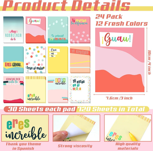 Teling 24 Pcs Rainbow Inspirational Sticky Notes 3 x 4 Inch Spanish Motivational Memo Pads for Nurse Teacher Gifts