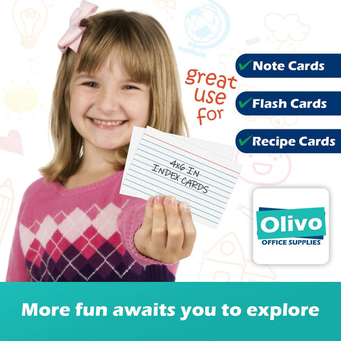 Olivo 4x6 4" 6", 100 Count, 220 Index Cards Lined Ruled Flash Note Cards x White, GSM Heavy Weight