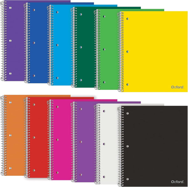 Oxford College Ruled Spiral Notebook, 8.5 x 11, Pack of 12 Assorted Colors, 1 Subject, 100 Sheets with Divider Pocket