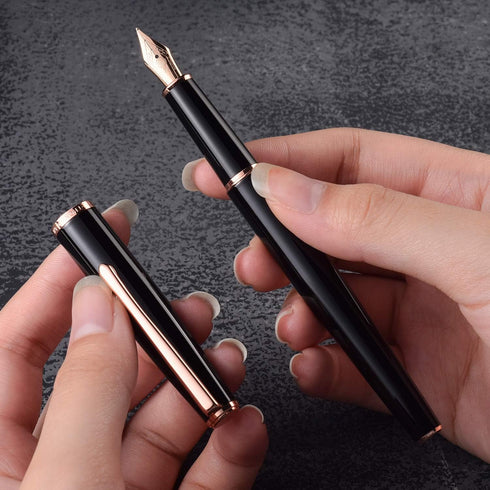 HongDian 920 Black Metal Fountain Pen with Rose Gold Plated Fine Nib, Classic Writing Pen with Ink Converter
