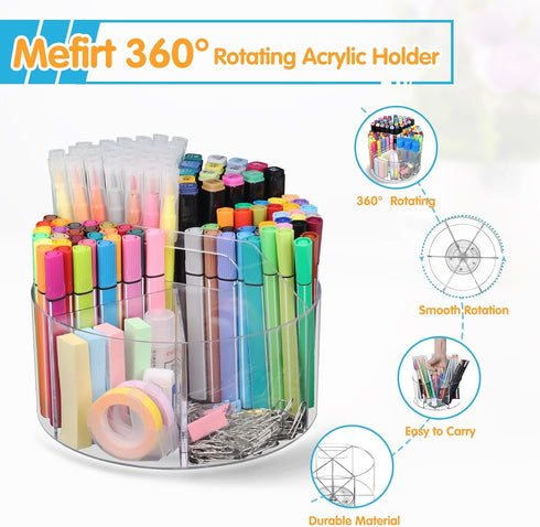 Large Acrylic Pen Holder, 360 Degree Rotating Desk Organizer with 6 Compartments, Office Marker Storage Caddy