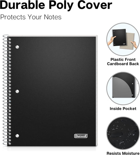Dunwell 1-Subject Spiral Notebook, Black Plastic Cover, 100 Sheets (200 Pages) Wide Rule, 8x10.5 Paper