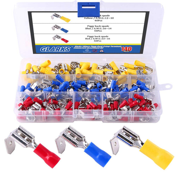 Glarks 140pcs Semi-Insulated Piggy Back Spade Quick Splice Crimp Terminals Connectors Assortment Kit