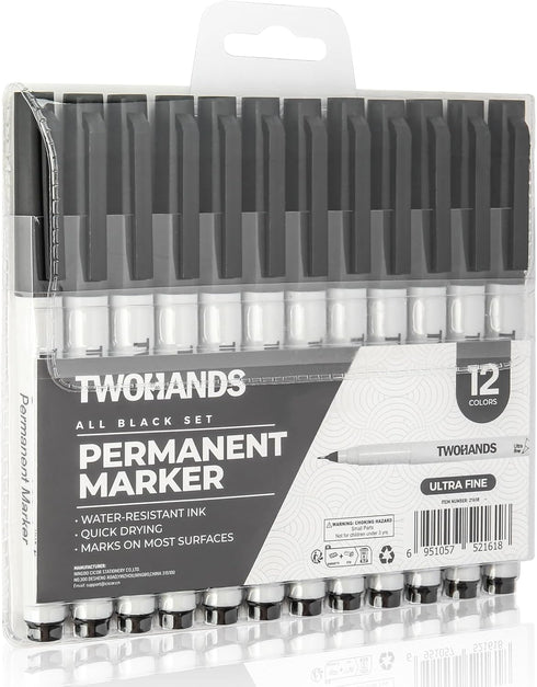TWOHANDS Permanent Markers, Ultra Fine Tip, 0.5mm, Black, 12 Count