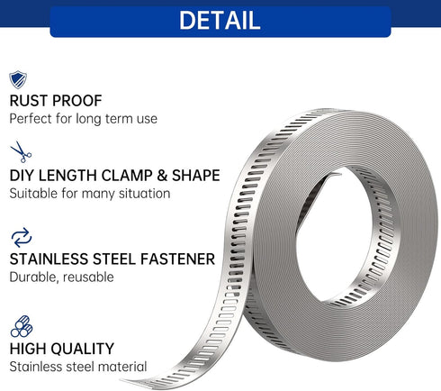 Stainless Steel Hose Clamp Assortment Kit, 13FT Metal Strap + 8 Stronger Fasteners for Duct Pipe Clamping
