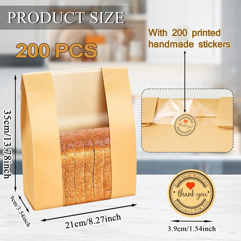 ONLYFU 200 Pack 14" 8.3" 3.5" Packaging 200 Paper Sourdough Bread Bags, x x Large Baked Cookies Storage Bag with Clear