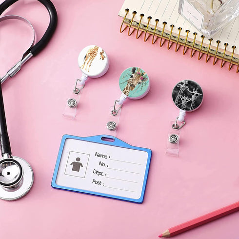 Nurse Badge Reel Retractable ID Badge Holder Reels with Alligator Clip, Decorative Giraffe Badge Reel Clip, 3 Pack