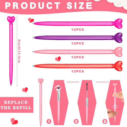 Valentine's Day 48 Pcs Heart Shaped Retractable Metal Ballpoint Pens with Black Ink Party Favor for School Office
