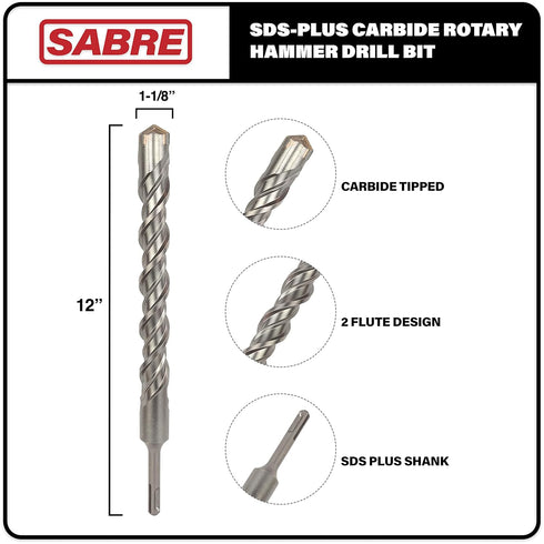 1-1/8 Inch x 12 Inch SDS Plus Rotary Hammer Drill Bit, Carbide Tipped for Brick, Stone, and Concrete