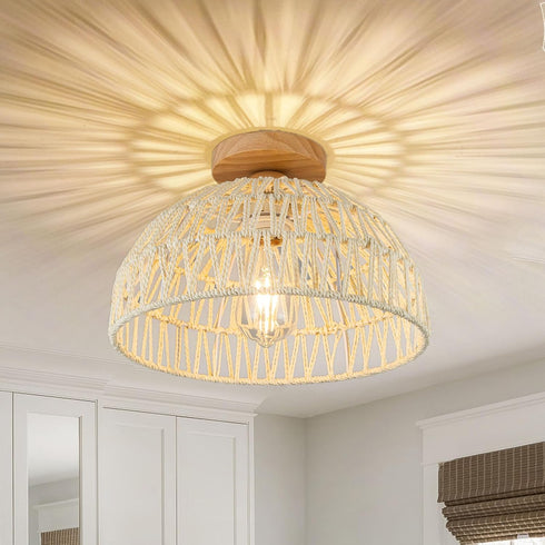 Boho Ceiling Light Fixture Rattan Flush Mount Ceiling Light Bedroom Chandelier Hand-Woven