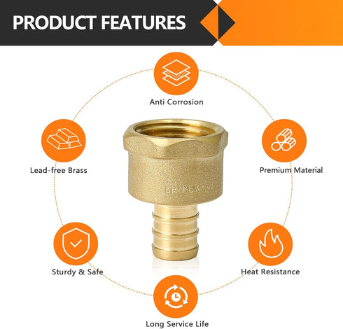 10-Pack PEX Fittings, 1/2" PEX x 1/2" Female NPT, Brass Crimp Fitting for PEX Pipes, ASTM F1807