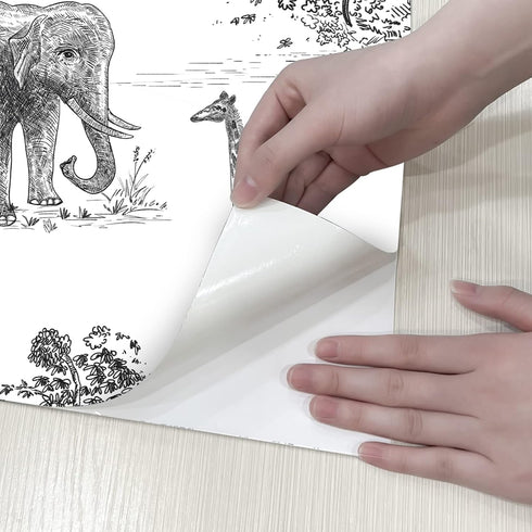 Peel and Stick Wallpaper for Kids Room, Giraffe and Elephant Black/White Vintage Contact Paper, 17.7 x 118.1