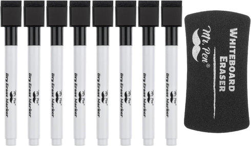 Mr. Pen Magnetic Dry Erase Markers, 8 Pack with 1 Eraser, Fine Tip Black Dry Erase Markers with Magnet