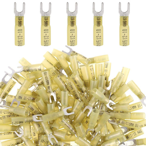 Glarks 50pcs #10 Heat Shrink Fork Connectors, 12-10 Gauge Electrical Insulated Crimp Terminals Assortment Kit (Yellow)
