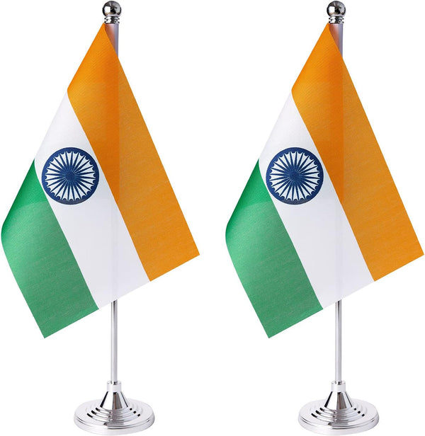 ZXvZYT 2 Pack Mini Indian Table Flags with Stand Base - Small India Flag for International Festival Events Decor