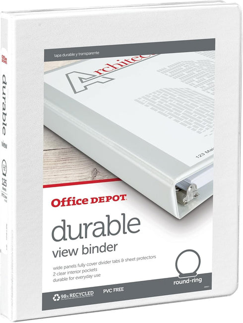 Office Depot Nonstick Round-Ring View Binder, 1/2in. Rings, 100% Recycled, White