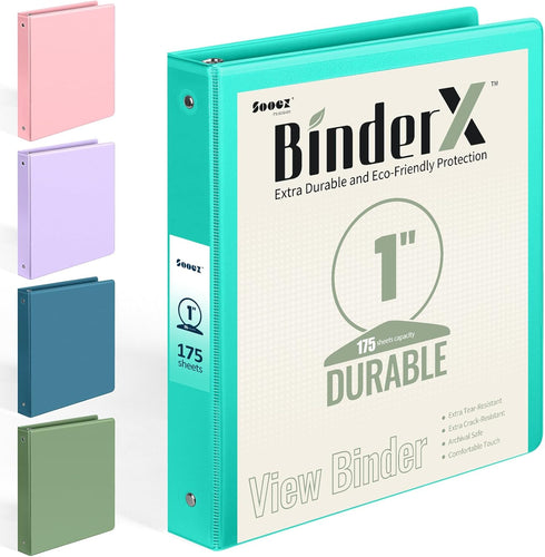 Sooez BinderX 1 Inch Round Ring Binder, Aqua Blue, Fits 150 Sheets, Customizable Cover, 2 Inside Pockets, Cute Aesthetic