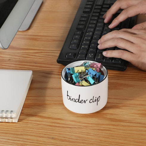 Farmhouse Ceramic Paper Clip Dispenser Organizer, Binder Clip Holder for Desk, Office Push Pins Holder 8oz (White)