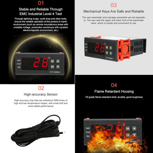 Temperature Controller 10A/220VAC STC-8080A+ Digital Thermostat, Refrigerating Defrosting Temperature Alarm Cooling