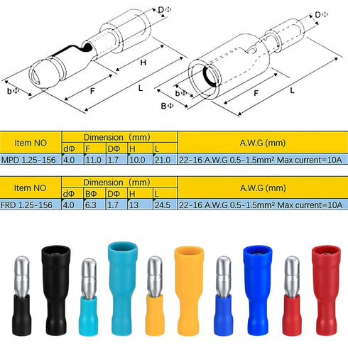 200 Pcs Bullet Connectors Male and Female, 22-16AWG Insulated Splice Female/Male Bullet Crimp Terminals Connectors, Electrical Bullet Crimp Wire Connectors