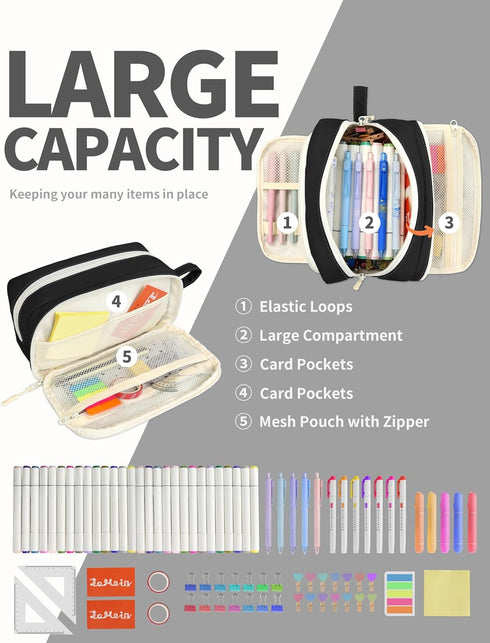 SUNEE Cute Pencil Case, Aesthetic Pen Pouch with 3 Compartments, Kawaii Colored Large Pencil Bag with Zipper, Stationery Storage and Organizer, Black School Supplies for Teen and Adult Girls