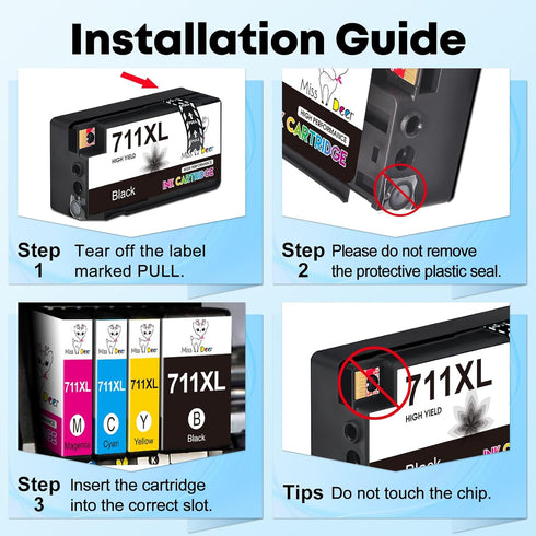 Miss Deer 4 Pack 711XL Ink Cartridges High Yield Compatible Replacement for HP Designjet Printers