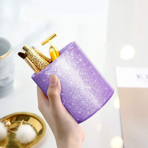 WAVEYU Large Pen Holder for Women, Glitter Makeup Brush Organizer Cup, Luxury Purple PU Leather