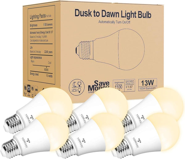 Torkase Outdoor Dusk to Dawn Light Bulbs, 13W(100W Equivalent), E26 3000K, Built-in