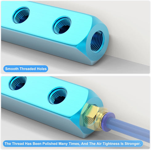 TAILONZ PNEUMATIC 1/4" Blue 6 Port 3 Way Pneumatic Shunt Aluminum Block Air Distribution Manifold