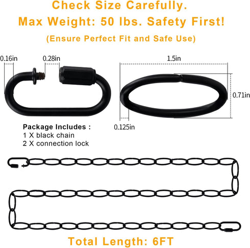 Rkoyes 6 72 Inches Feet Industrial Black Light Fixture Chain, Long, Metal Chain for Hanging Plants with Detachable