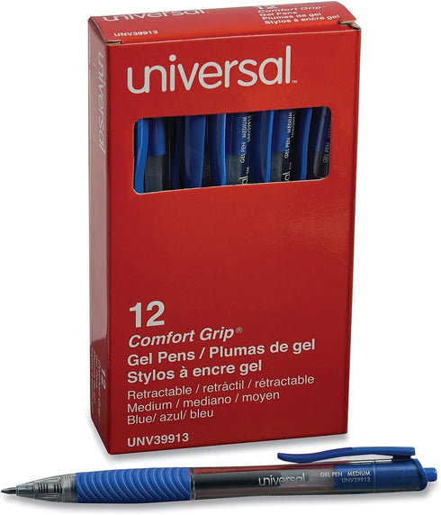 Universal Comfort Grip Gel Pen, Retractable, Medium 0.7 mm, Blue Ink, Dozen