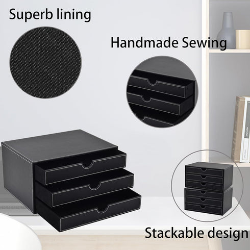 PU Leather Desk Organizer with 3 Drawers, Black Executive Office Supplies Desktop Filing A4 File Cabinet for