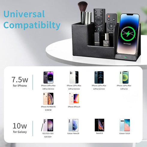KINGFOM PU Leather Desk Organizer with Wireless Charging Station, 10W Charger for iPhone 14/14 Pro/13/12/Samsung Galaxy