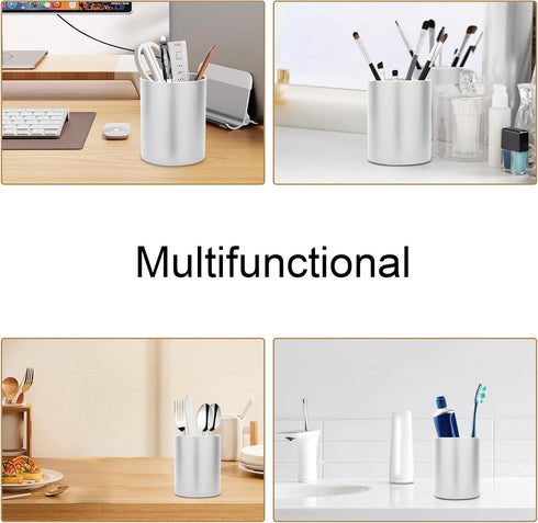 Metal Pen Holder for Desk, Round Aluminum Makeup Brush and Pencil Cup, Organizer for Office, Home, School (Silver)