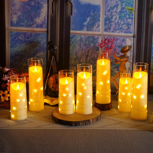 Set 9 Eebuss Flameless Candles with Embedded Star String, Battery Operated LED Pillar Candles with Timer and Remote