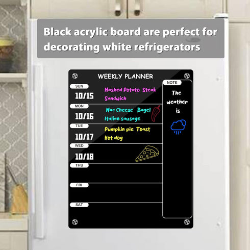 Weekly Dry Erase Board for Refrigerator, Black Acrylic Calendar Note Board, Double-Sided Planner