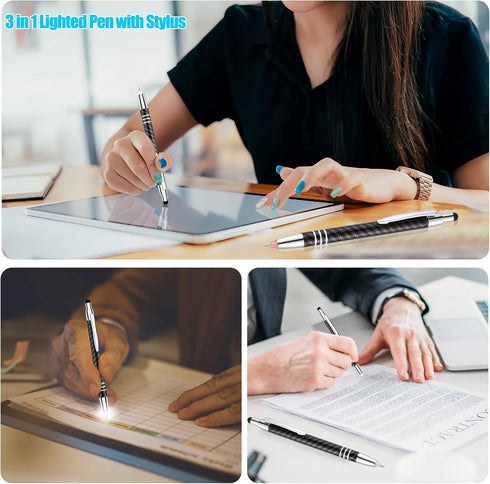 Glovion 3-in-1 Lighted Tip Pen with Stylus, LED Penlight, Ballpoint Pen for Writing in the Dark, Pack of 3, Blue Light