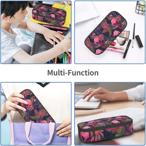 Tropical Palm Leaf Pink Flamingos Pencil Case Bag - School Office Marker Desk Organizer for Kids, Students
