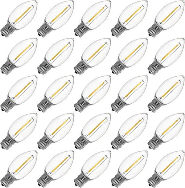 Meconard C9 LED Replacement Christmas Light Bulb, 25 Pack, Shatterproof, E17 Base, Commercial Grade, Warm White