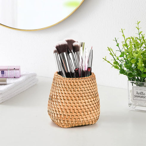 Hacaroa Set of 2 Handmade Rattan Pencil Holders for Desk, Wicker Pen Cup and Makeup Brush Organizer
