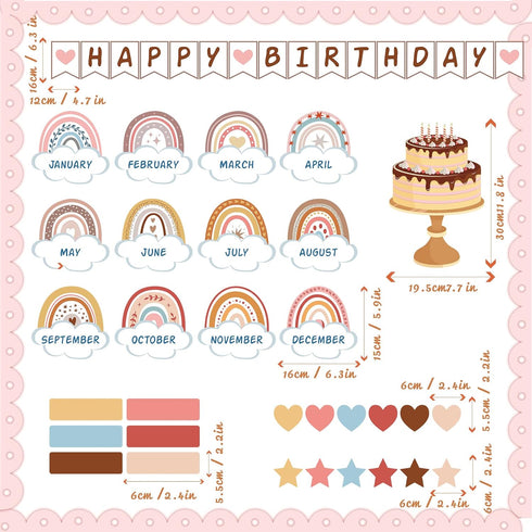 Marspark 65 Pieces Rainbow Birthday Bulletin Board Set for Classroom Decor, Birthday Chart Cutouts Decoration