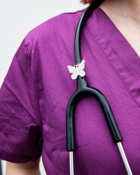 2 Pack Bling Butterfly Stethoscope Charms with Silvery Rhinestones for Doctor Nurse ID Name Tag