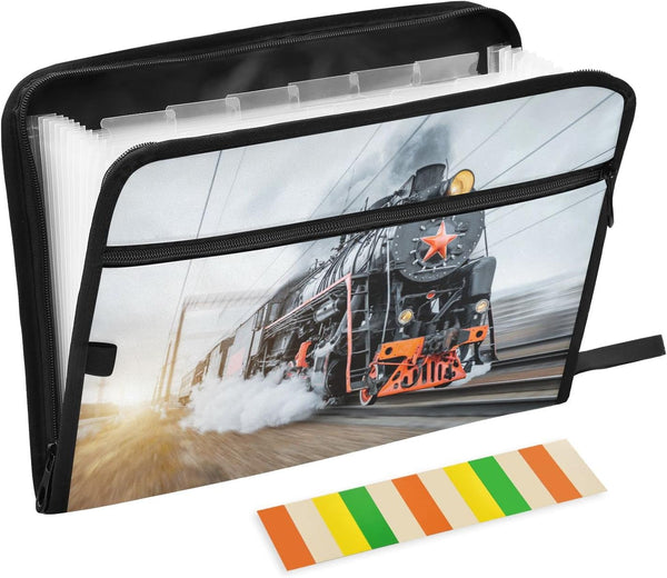 Kcldeci 13 Pocket Expanding File Folder, Steam Locomotive Train Accordion Document Organizer with Zipper Closure