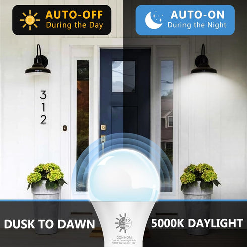 4 Pack Dusk to Dawn Light Bulbs Outdoor, 5000K-Daylight, 720LM, 9W(60W Equivalent) A19 E26 Automatic On/Off LED Light Bulbs, Dusk to Dawn LED Outdoor Lighting for Porch Garage Patio by Gonhom