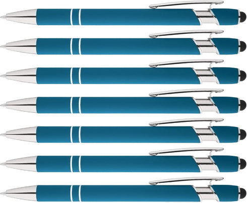 Rainbow Rubberized Soft Touch Ballpoint Pen with Stylus Tip - Premium Metal Pen, Black Ink, Box of 7, Light Blue