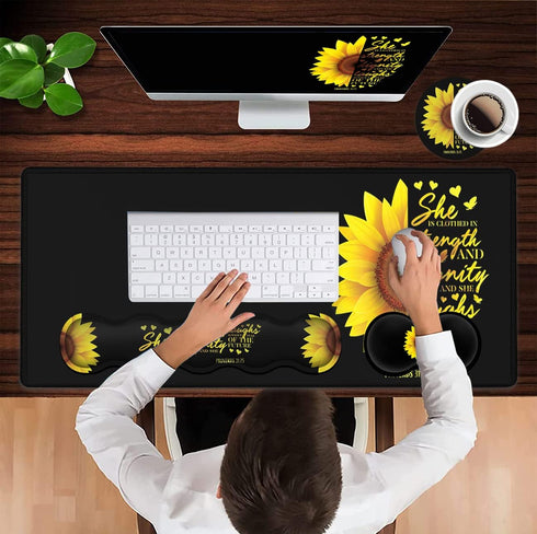 Gaming Black Mouse Pad + Keyboard Wrist Rest XL Large Mouse Mat, Sunflower Christian Verse Proverbs 31-25