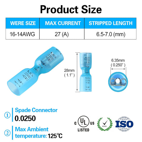 100 PCS 16-14 AWG Waterproof Heat Shrink Quick Disconnect Connectors, Crimp Electrical Wire Female Spade Connectors