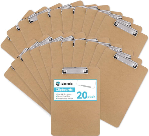 Wood Clipboards Set of 20, Letter Size Hardboard Clip Board 8.5x11 for Classroom, Students, A4 Standard Clipboard