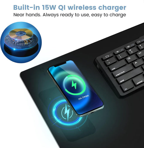 Zakia 32x16 Desk Mat Wireless Charging Mouse Pad Large Journey Desk Pad Mat with Wireless Charger Waterproof Black